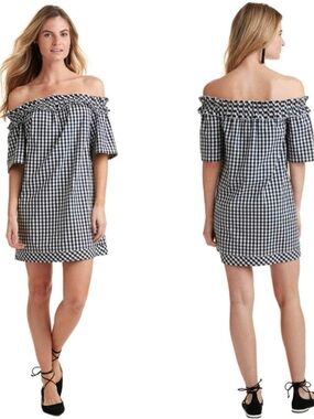 Vineyard Vines Black & White Gingham Off the Shoulder Shift Dress